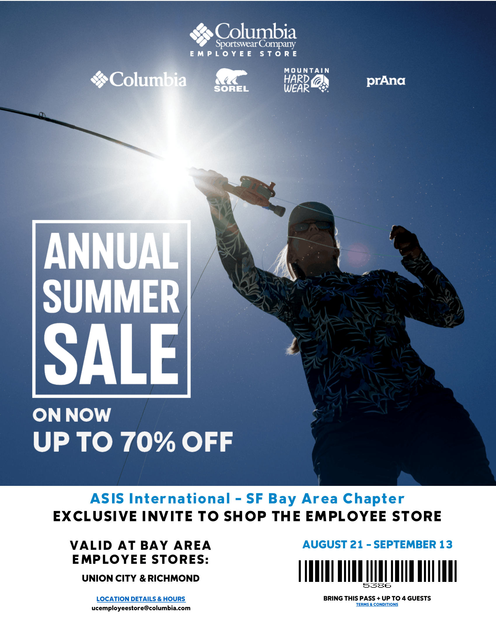 Columbia Sportswear Employee Store Annual Summer Sale flyer offering up to 70% off, with an exclusive ASIS SF Bay Area Chapter invite valid August 21–September 13 at the Union City and Richmond store locations.
