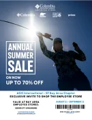 Columbia Sportswear Employee Store Annual Summer Sale flyer offering up to 70% off, with an exclusive ASIS SF Bay Area Chapter invite valid August 21–September 13 at the Union City and Richmond store locations.